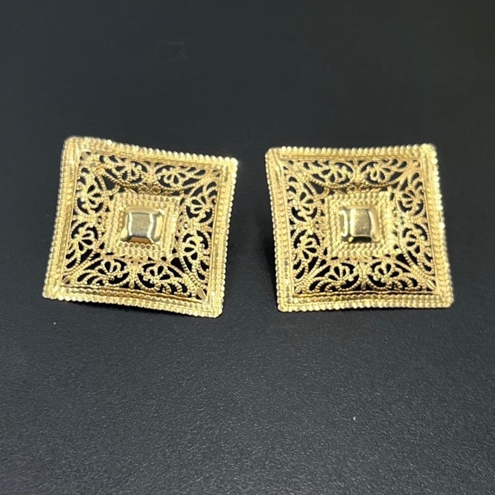 14K Gold Filigree Vintage Square Openwork Etruscan Revival Signed Earrings